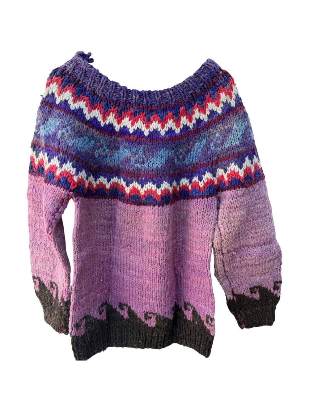 Woolies Handmade Ecuador Wool Sweater Purple Fair Isle Chunky Knit Medium